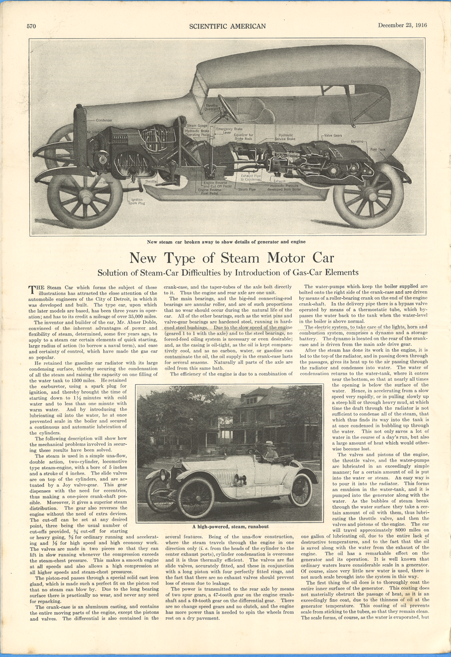 Doble-Detroit Steam Motors Company, Scientific American Article, December 23, 1916 pp. 570 - 571.